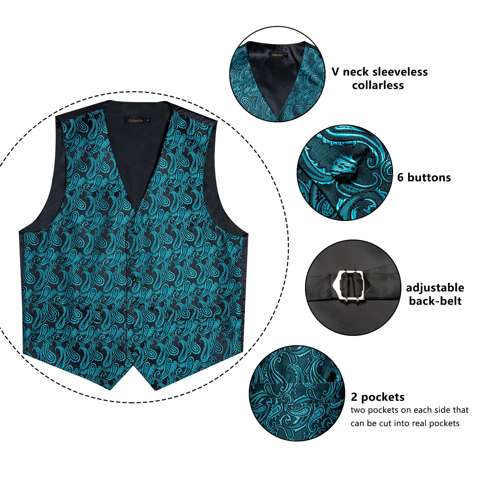 سترة بدلة بيزلي زرقاء للرجال ، ربطة عنق ، أزرار أكمام مربعة للجيب ، ملابس العريس ، فاخرة ، زفاف ، حفلة موسيقية ، صدرية ، بذلة رسمية #5