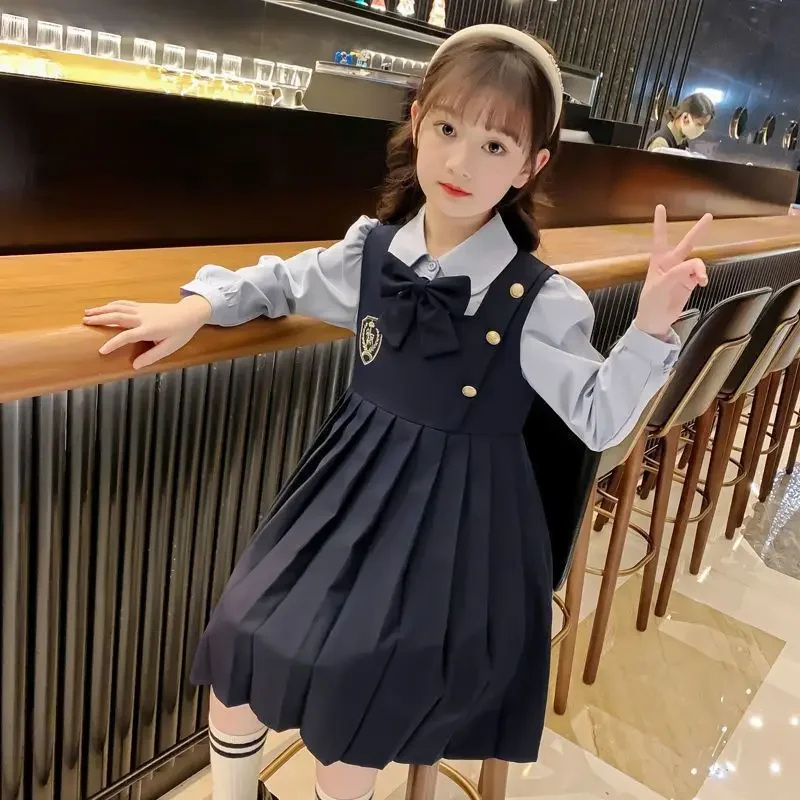 

New Spring/Autumn Girls' Preppy Lolita Two-Piece Shirt Dress - Chic Princess Dress for 4-12 Years Old