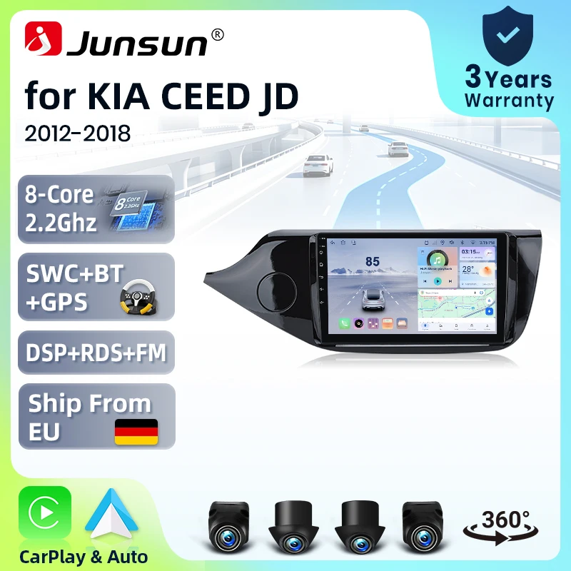Systèmes stéréo intelligents Android 15 Junsun 9 pouces pour KIA CEED Cee'd 2 JD 2012-2016, autoradio avec CarPlay sans fil, commande vocale AI, écran tactile IPS, lecteur multimédia intelligent, unité principale 2 Din, GPS, Mirror Link, Bluetooth automobile, 4G, 8 cœurs, FM, DSP, RDS