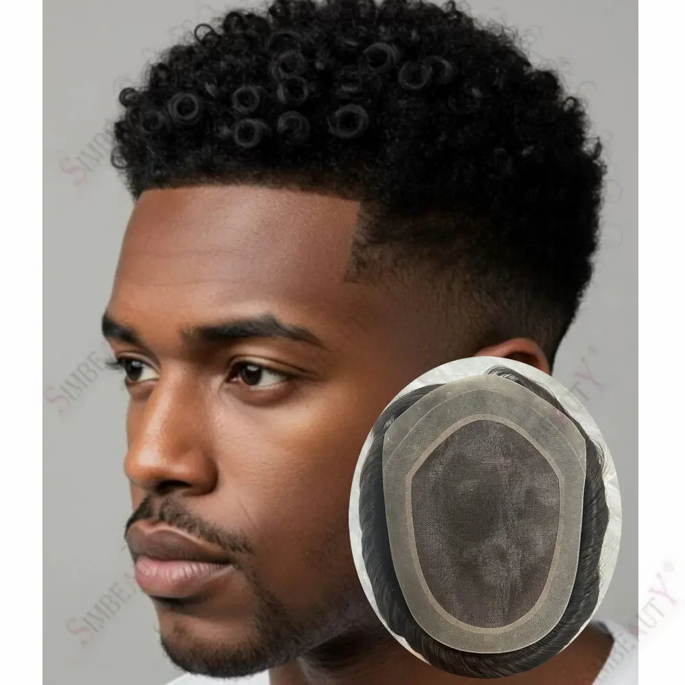

15mm/18mm Kinky Curly African American Black Man Natural Hairline Breathable Men's Toupee Human Hair Undetectable Mono PU Base
