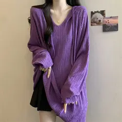 Women Trendy Simple Casual Oversize Hooded T-shirt Korean Solid V Neck Long Sleeve Tees Textured Chic Tunic Tops Female Clothing