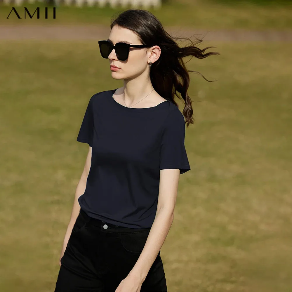 Amii Minimalism 2026 Women T-shirt Summer New Simple One-line Collar Cotton Short-sleeve Female Solid Color Casual Tops 12422177