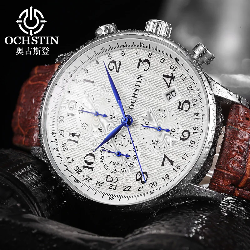OCHSTIN Men's Pilot Multifunctional Quartz Watch Ultra-slim Alloy Case Soft Skin-friendly Genuine Leather Strap Calendar Clock