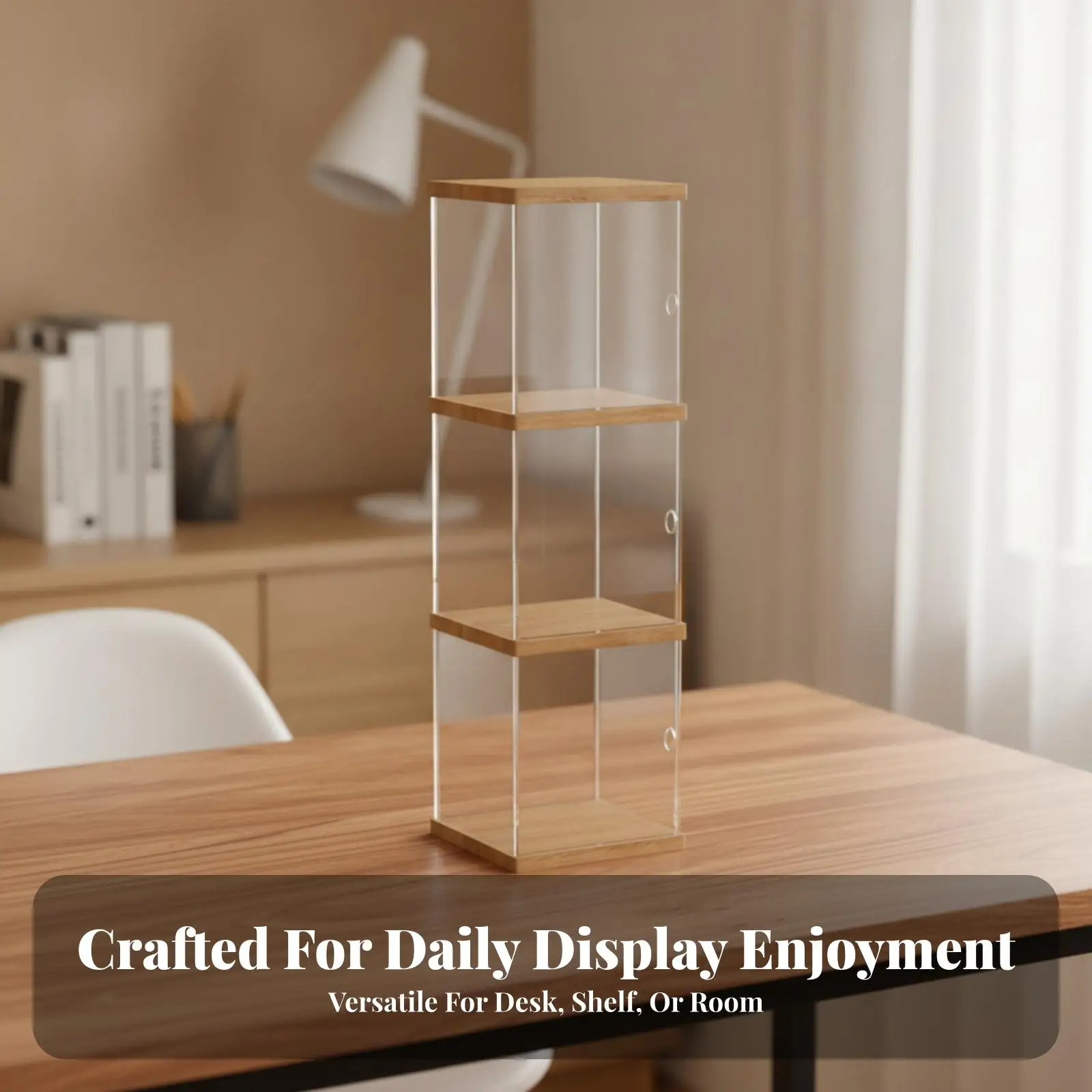 Tabletop Display Case Square Display Case with Wood Base Clear Transparent for Collectors, Desk, Shelf