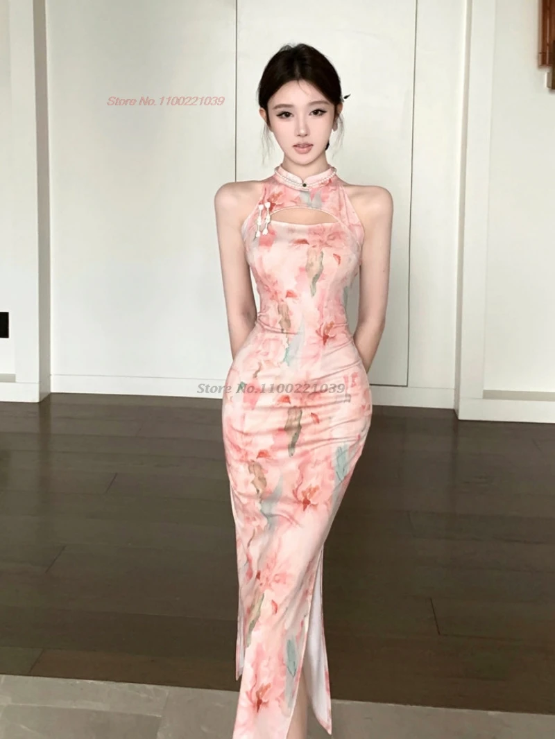 

2026 Китайское сексуальное платье-ципао с цветочным принтом, без рукавов, элегантное вечернее платье для ночного клуба и банкетов, ципао-платье.
