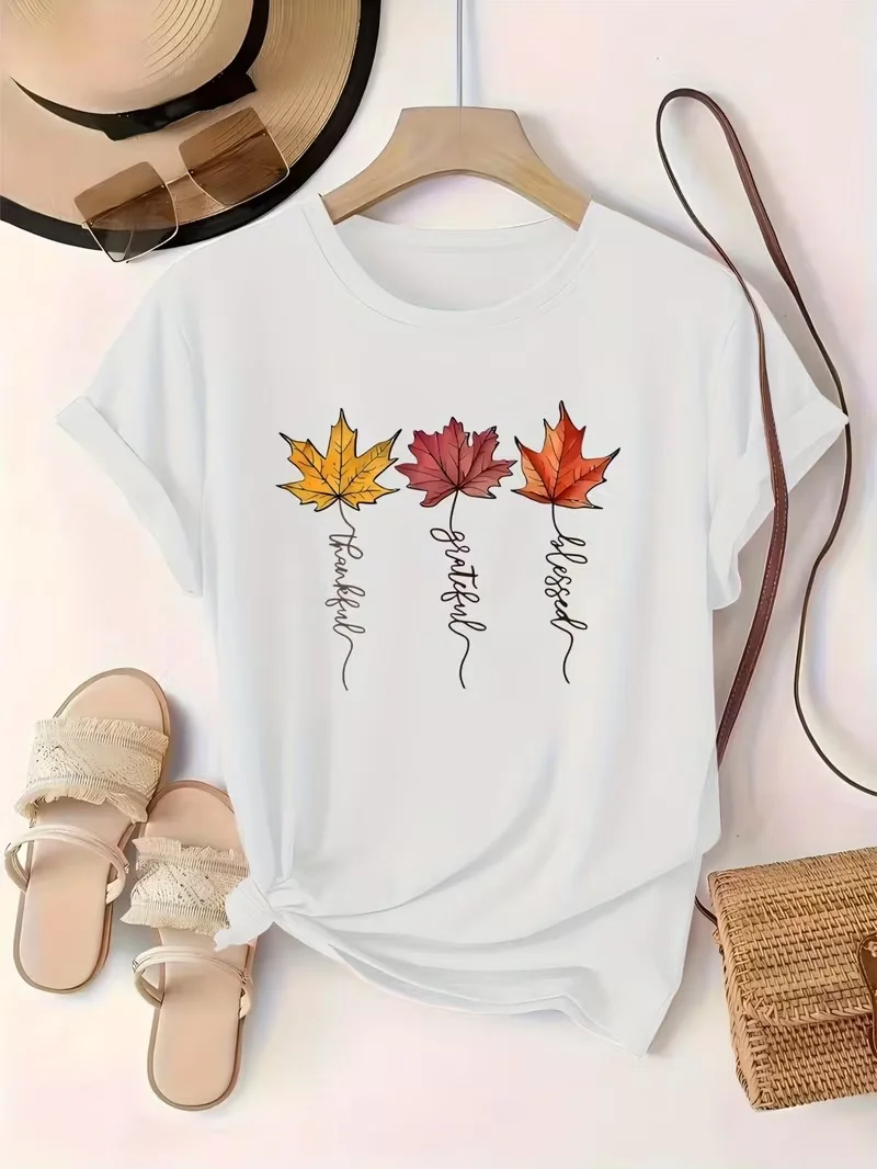 

Women's crew neck T-shirt with trendy letter and anime prints, featuring a simple design, comfortable and breathable.