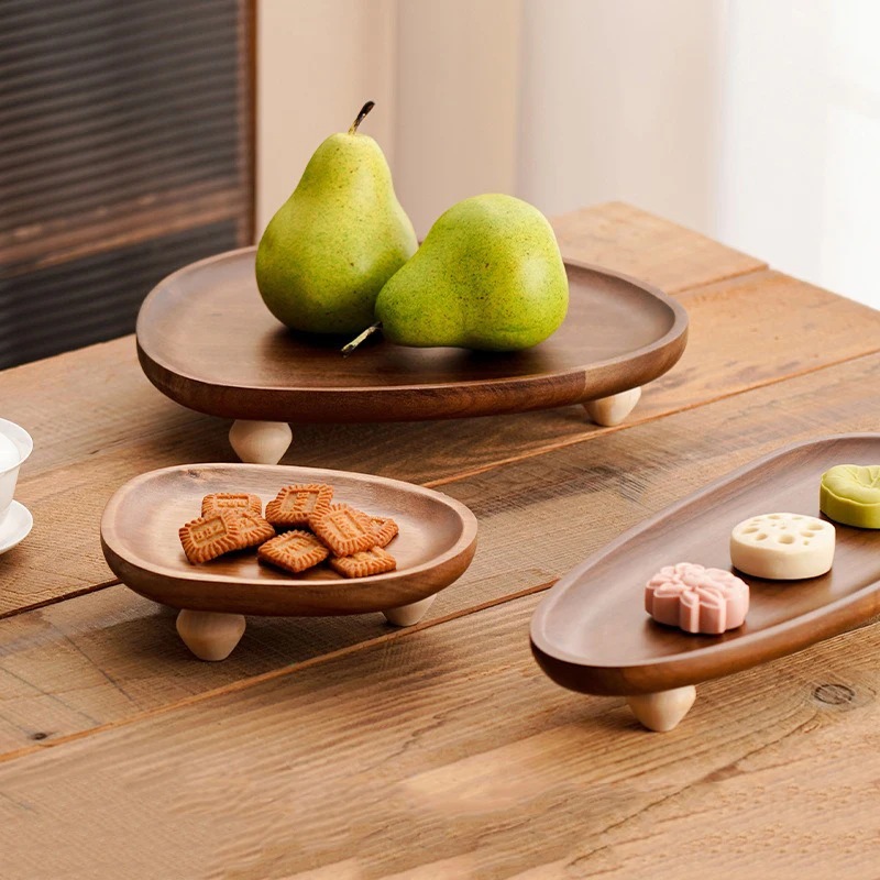 High-Footed Premium Acacia Wood Serving Tray With Feet Irregular Shaped Storage Organizer For Fruits & Snacks Ideal For Home Use