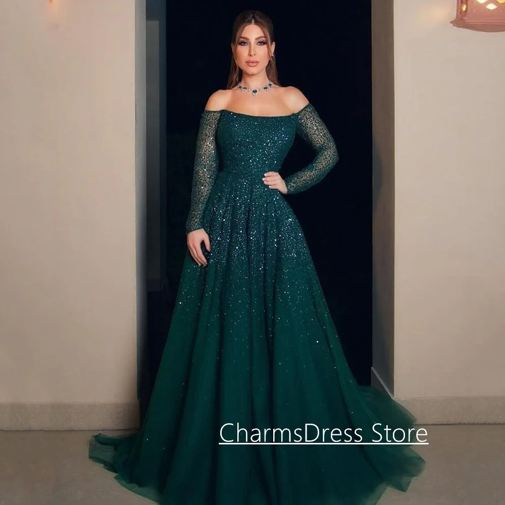 Funkelndes Abendkleid, individuell gestaltet, U-Boot-Ausschnitt, lange Ärmel, Perlenstickerei, Pailletten, A-Linie, Tüll, arabisches Partykleid, formelle Kleider