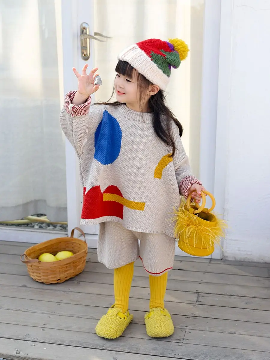 Childrens Sets Girls Knitting Fashion New Clothing Baby Autumn Clothes Fashion Contrasting Colors Sweater Striped