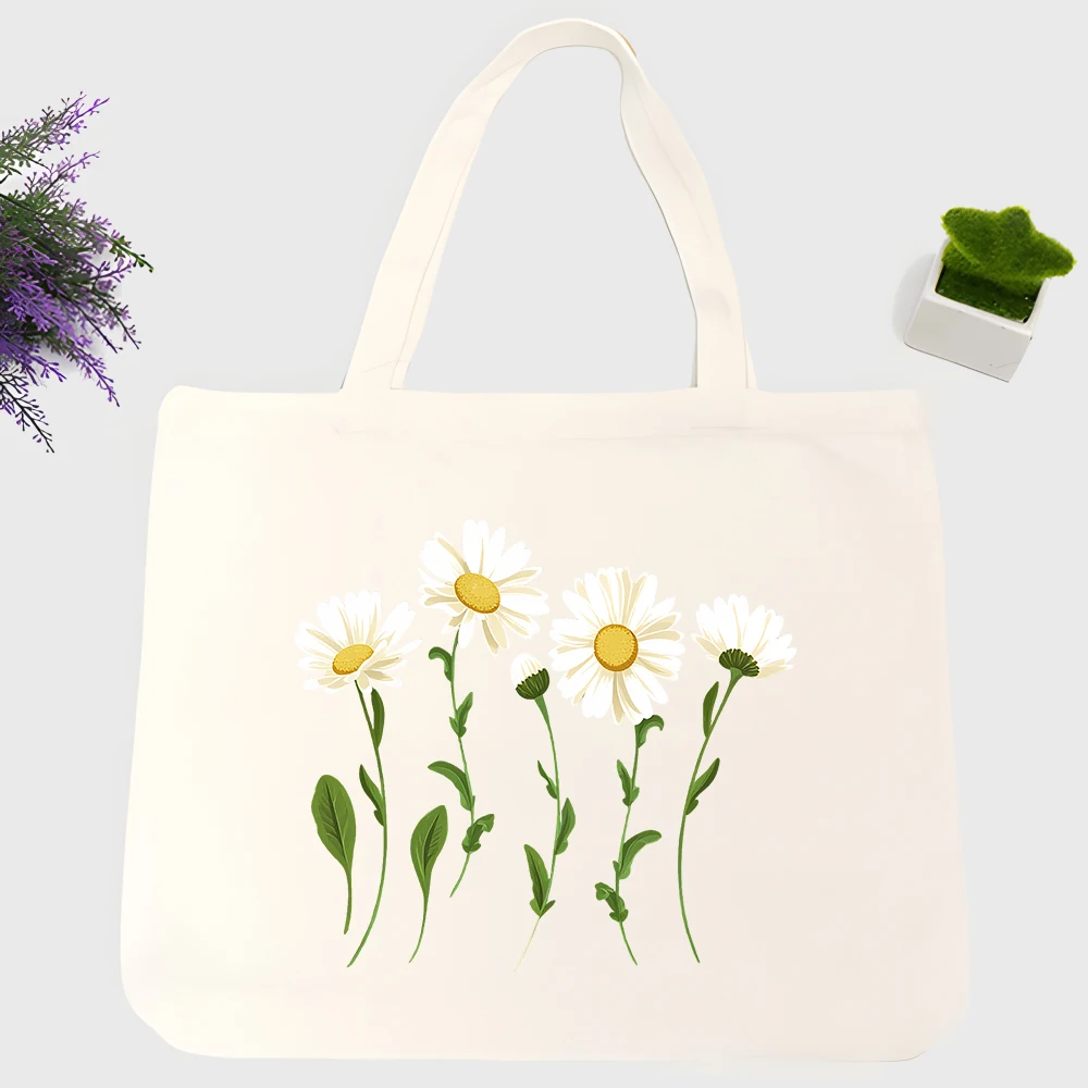 Women's daisy print canvas tote bag, minimalist design for daily shopping and casual outings