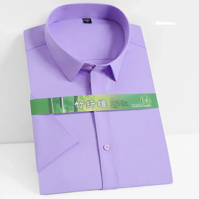 2025 Bamboo Fiber Summer Solid Short Sleeve Causal  Business Office Slim Fit Dress Shirts Plus Size