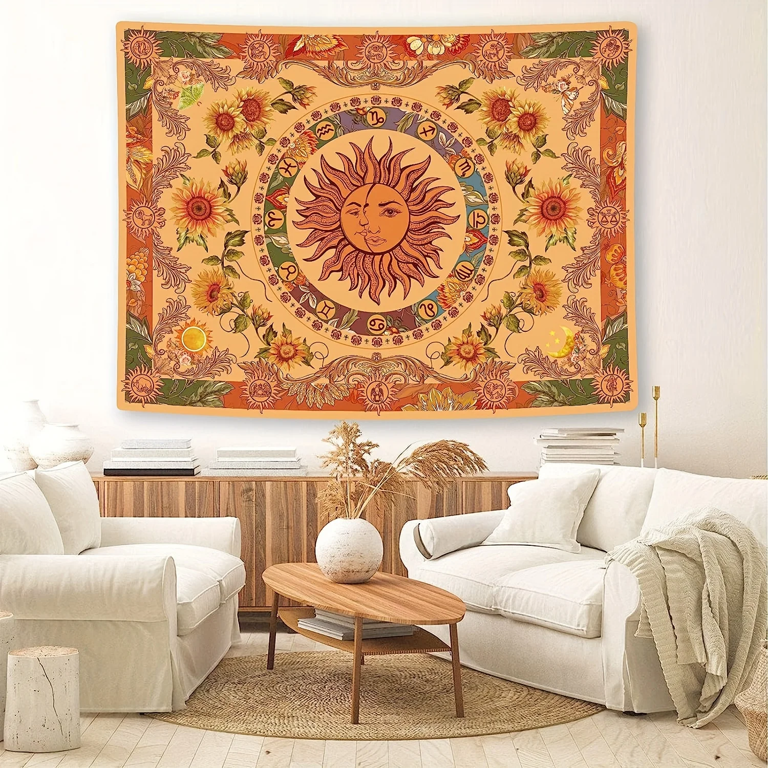 Boho Chic Yellow Sun & Moon Tapestry with Sunflowers, Butterflies & Constellations Art for Bedroom, Dorm, Living Room Decor