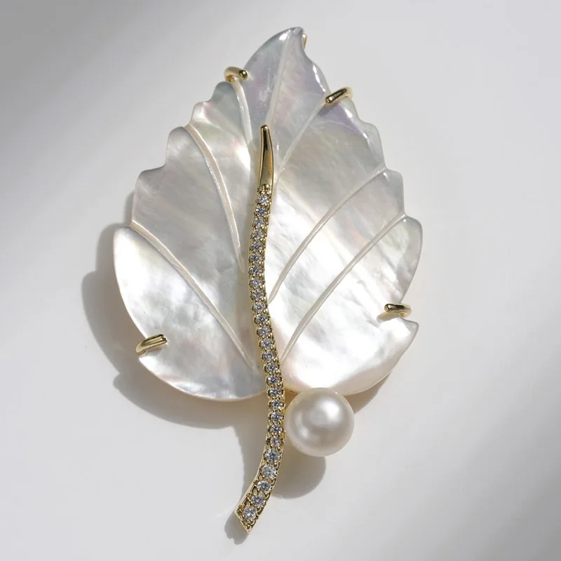 

Heavy Industry Natural Pearl & Shell Brooch,Shell Leaf Corsage Pin for Coats, Elegant Statement Jewelry