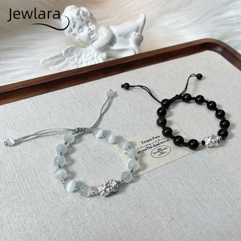 JEWLARA Jewelry Semi-precious Stone White Cat's Eye Beaded Obsidian Get Rich Overnight, Pixiu Bracelet Will Never Separate, Coup