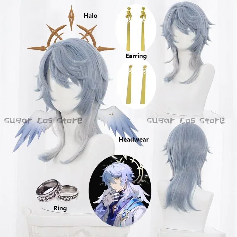 

Game Honkai Star Rail Latest Sunday Cosplay Wig Light Blue Hair Mr. Sunday Uniform Prop Halo Headwear Earring Halloween Party