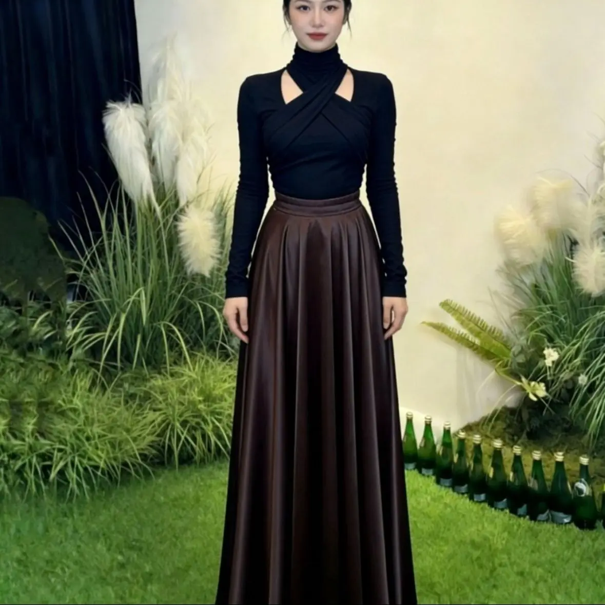Glossy Coffee Satin Silk Sexy Women High Waist Skirt Elegant Pleated Loose Long Bottoms