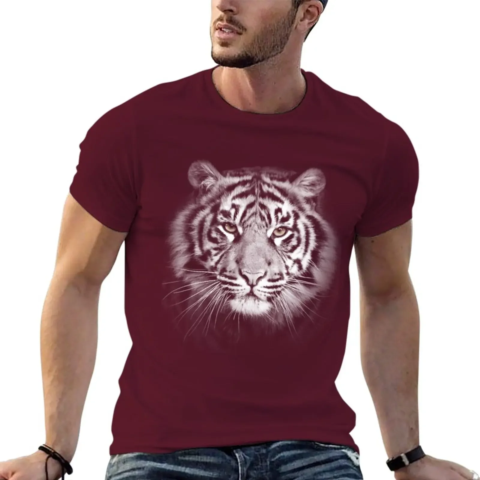 Summer Clothes Korean Fashion Plain T Shirts Men New White T-Shirt Tiger Override Vintage Men Clothing Summer Funny New Fashion