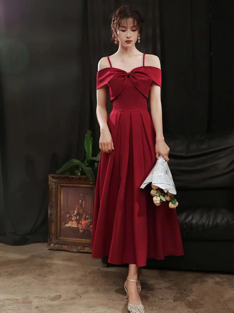 French Style Autumn and Winter Hepburn Waist Dress Red Suspender Middle Length Dress Engagement Anniversary Dress