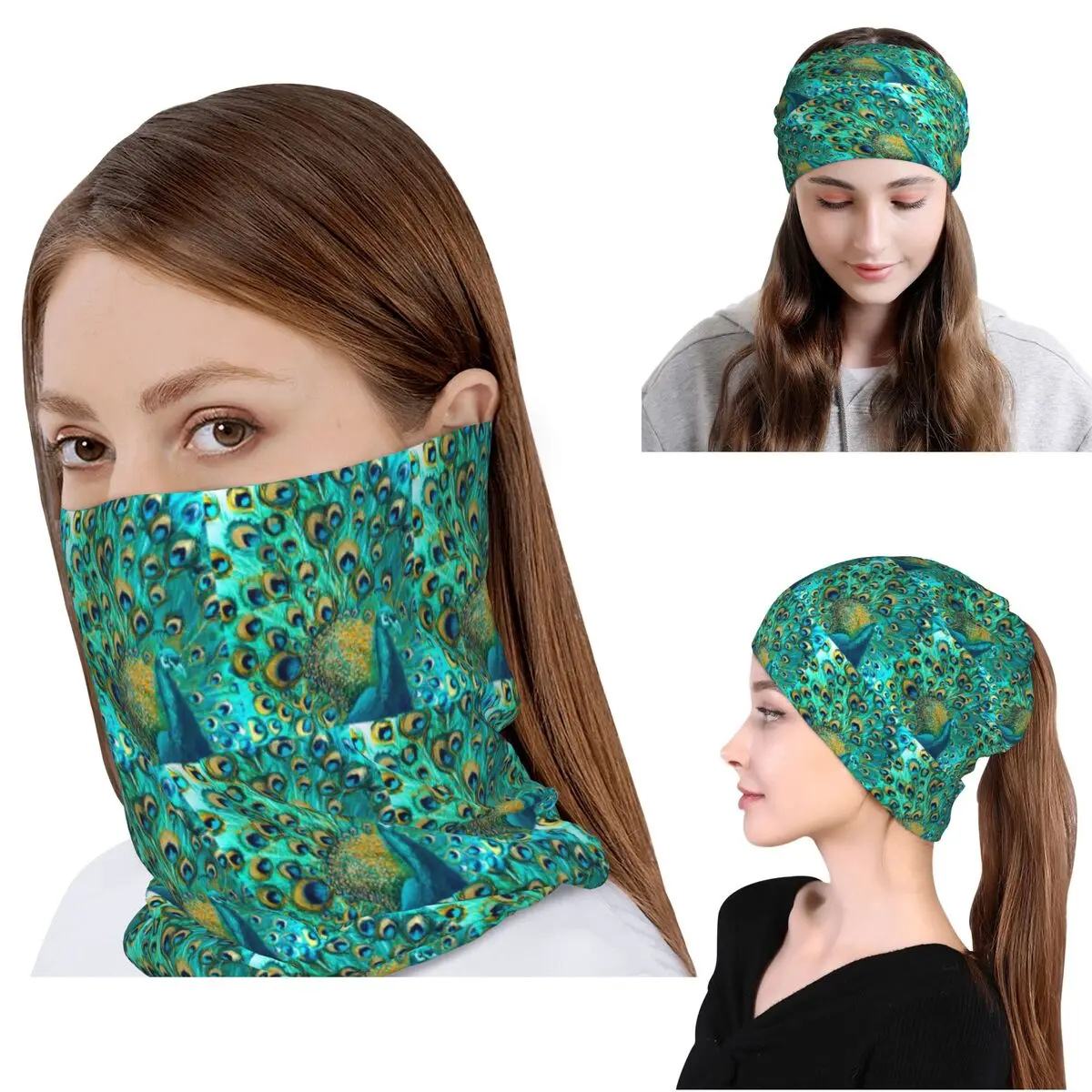 Colourised Aqua Peacock Feathers Bandana Neck Cover Face Scarf Multifunction Headband Beanies Hat for Men Women Adult Winter