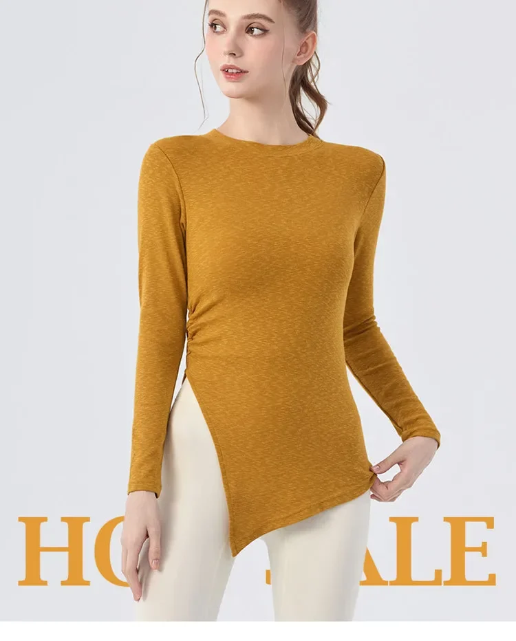 Herbst-Sport-Oberbekleidung, langärmelige Bluse, die das Gesäß bedeckt, für Damen, plissiert, mit Schlitz, lässiges Fitness-T-Shirt, Pilates-Yoga-Bekleidung – Detail 1