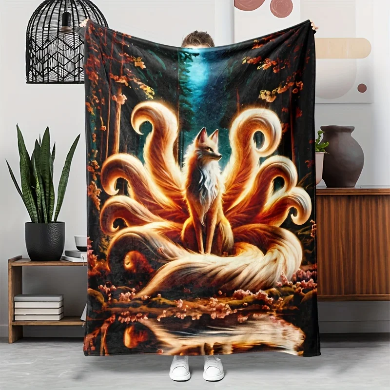 Luxury Fantasy Fox Print Throw Blanket Fleece Plush Decor Forest Animal Mythical Scene Couch Throw Gift For Bedroom Winter Cozy