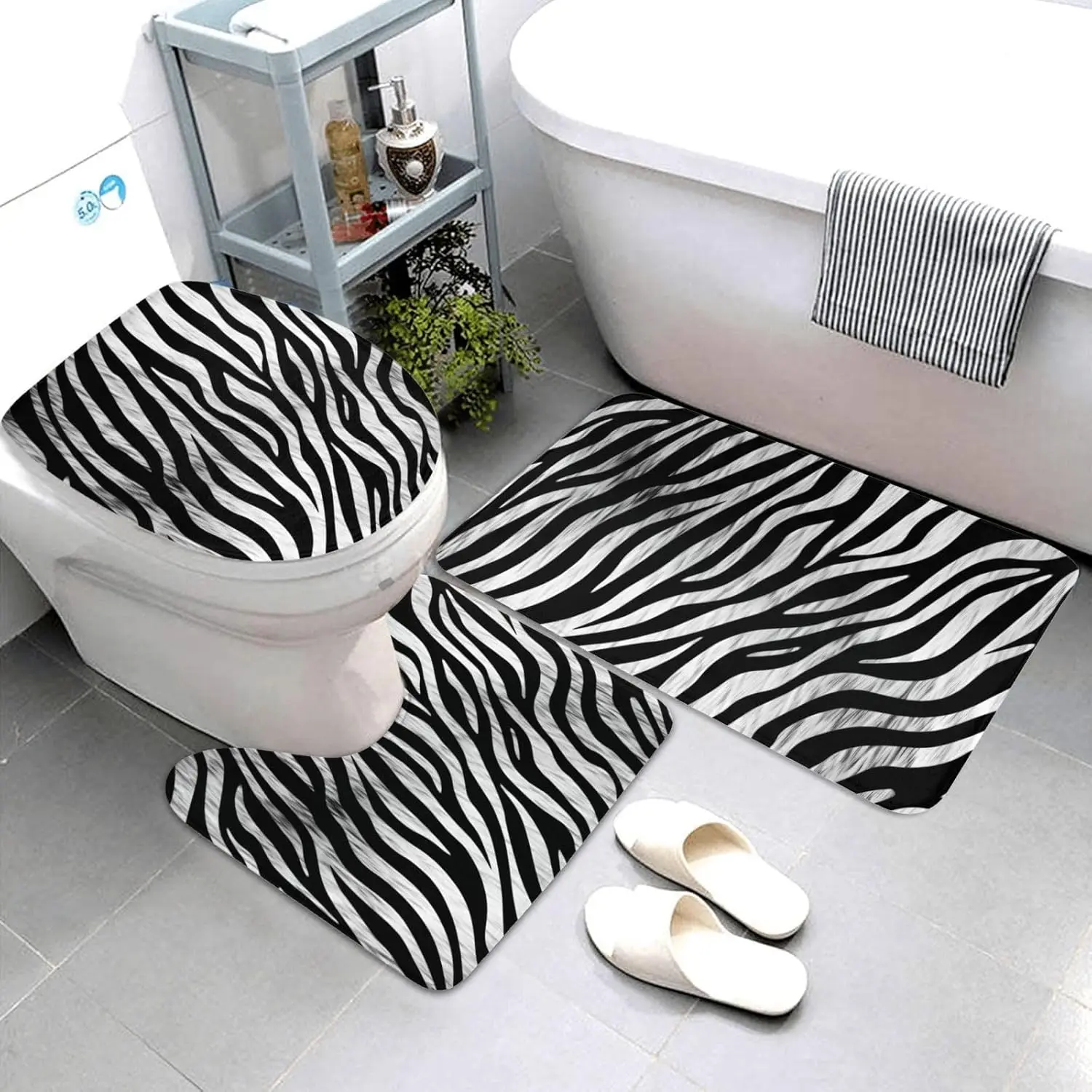 Zebra Print Bathroom Rugs Sets 3 Piece, Non Slip Absorbent Bath Rug U-Shaped Contour Toilet Rug with Toilet Cover