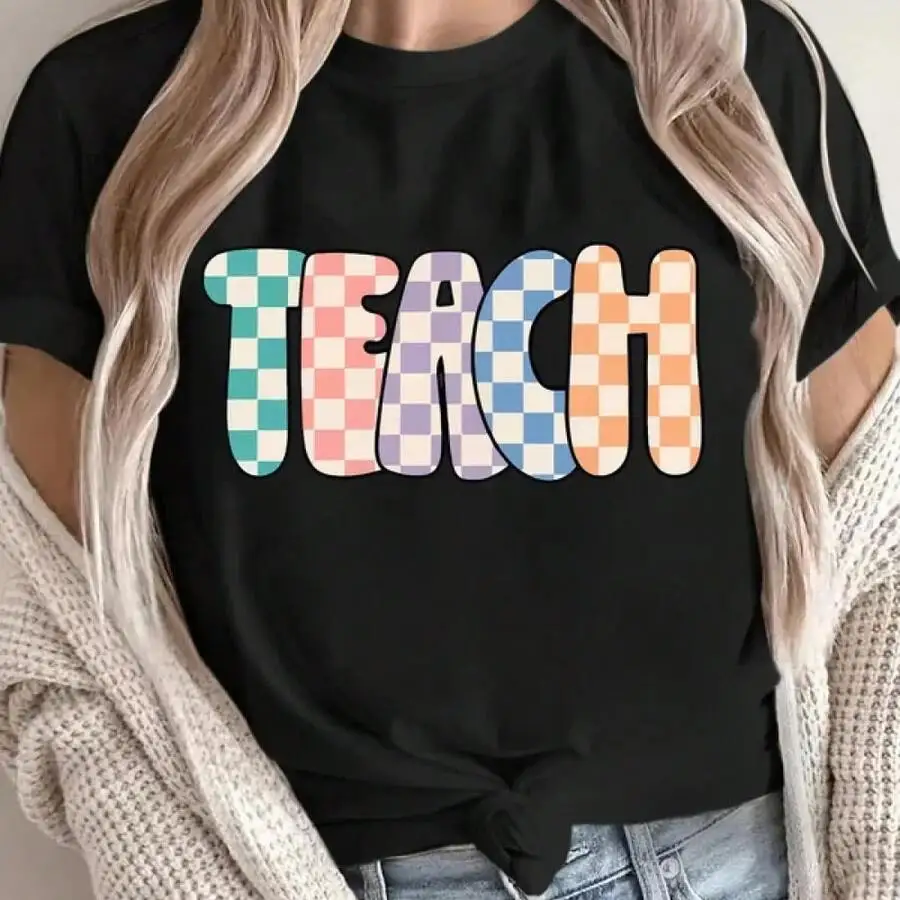 Women's 'TEACH' Graphic Print Colorful Checkered Design T‑Shirt Crew Neck Short Sleeve Casual Tee Top
