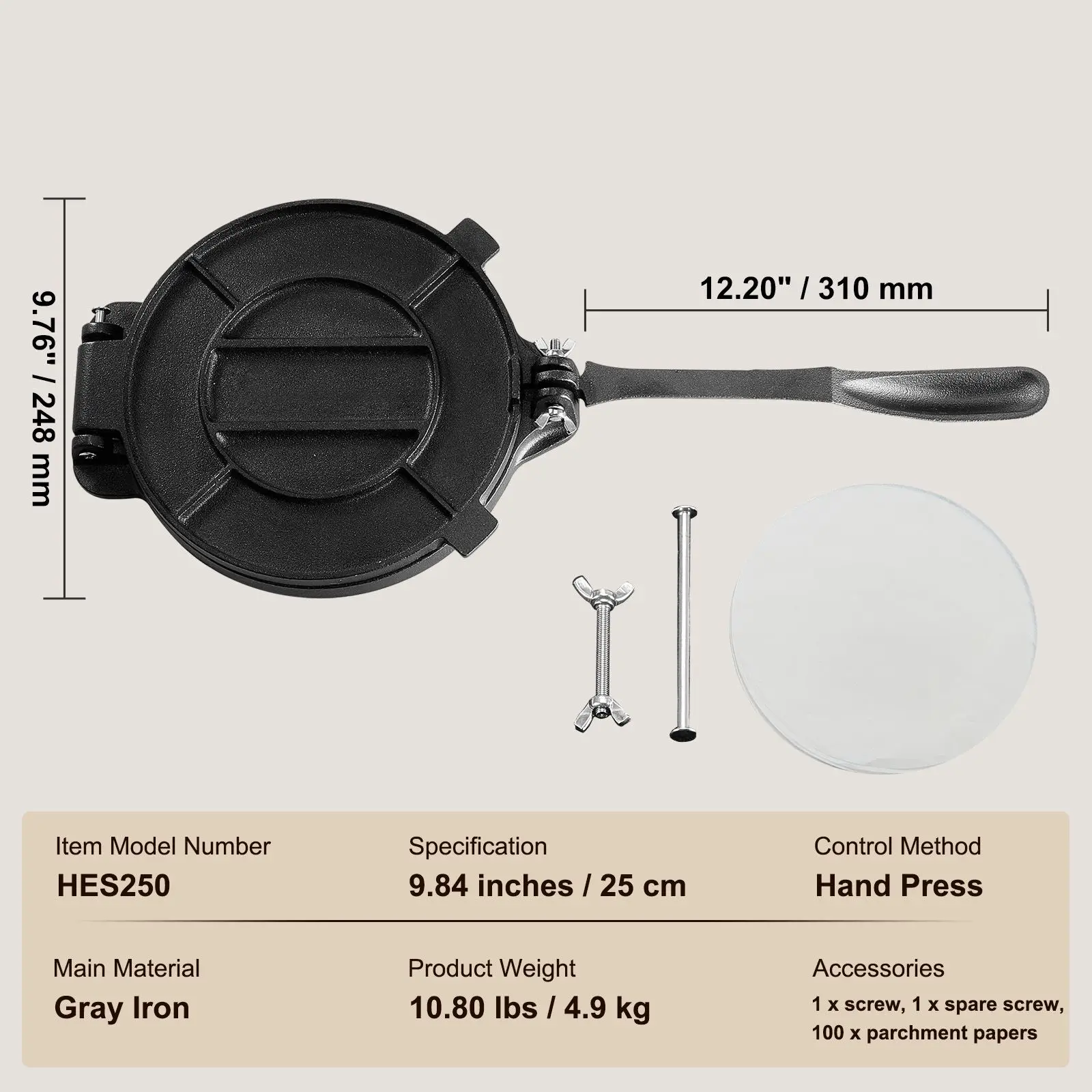 Tortilla Press, 8 Inch Tortilla and Roti Maker, Cast Iron Heavy Duty Tortilladora Press, Pre-Seasoned Pataconera Maker with 100 Pcs Parchment Paper, Dough Maker for Flour Tortilla, Tawa, Silver