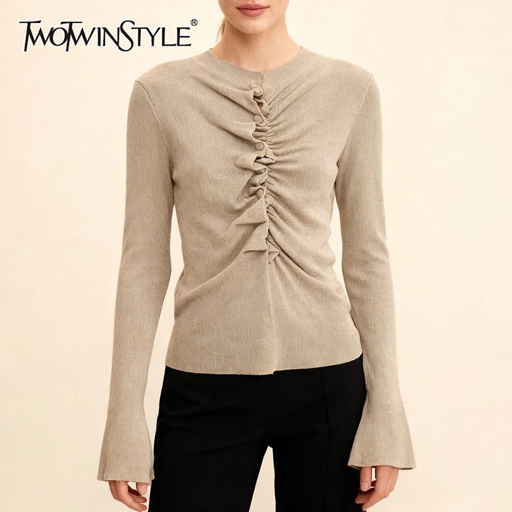 TWOTWINSTYLE Solid Office Baiscs Slimming Sweater for Women O Neck Long Sleeve Patchwork Folds Temperament Cardigans Female New