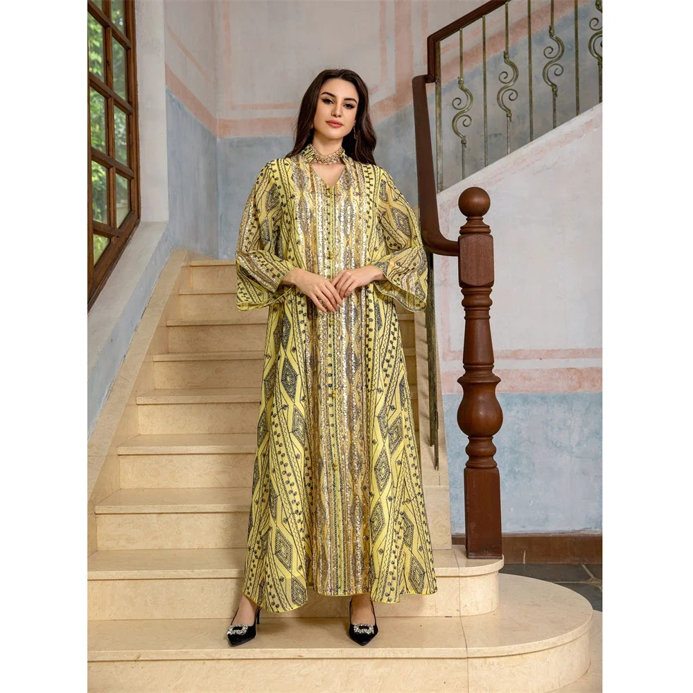 Women Eid Muslim Party Dress Sequins Mesh Embroidery Abaya Arab Dubai Abayas Kaftan Islam Long Robe Morocco Vestidos Loose Dress