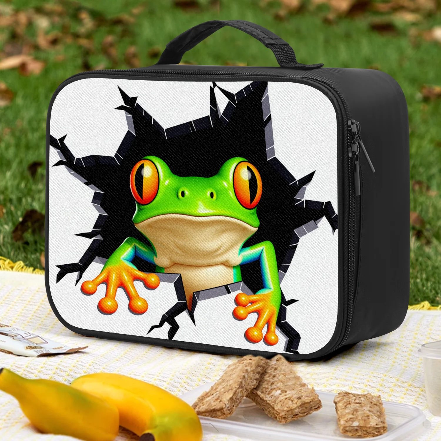 Zippered Lunch Bag Black Green Frog Tree Red Eyes Orange Toes Breaking Wall Cracked Cute Reusable Portable