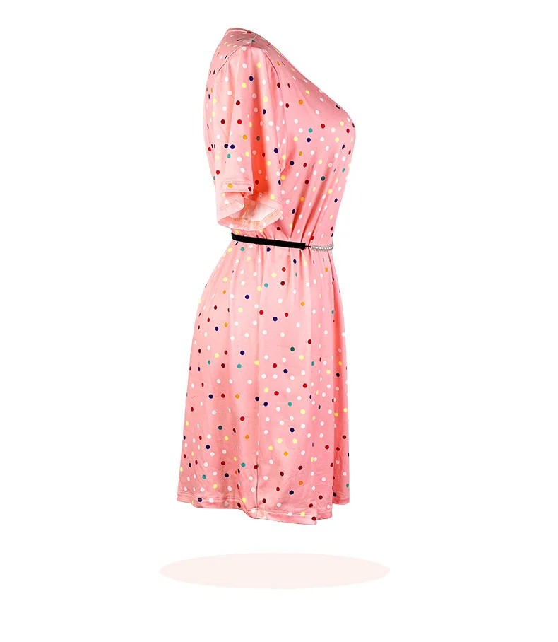 화려한 물방울 무늬 중간 소매 드레스, 진주 허리 조임 디자인, 피부 친화적인 섹시한 나이트가운