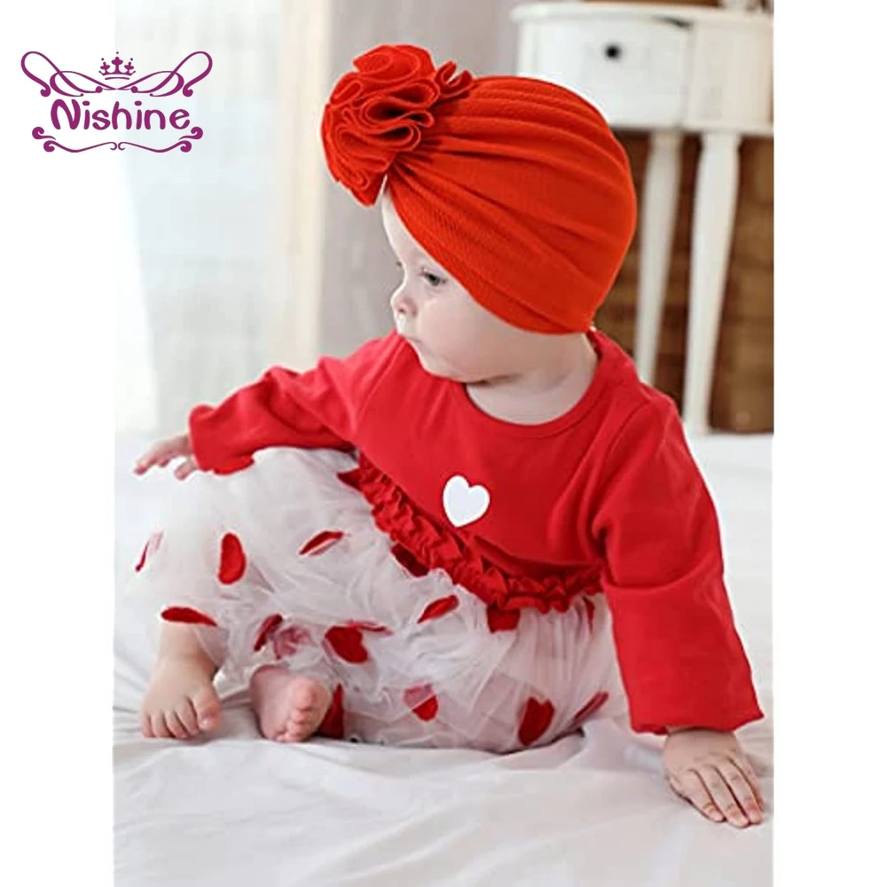 1PCS Solid Nursery Hospital Turban Hat Cap Beanie Bonnet with Big Flower for Baby Girls Toddlers Newborns Infants Headwear