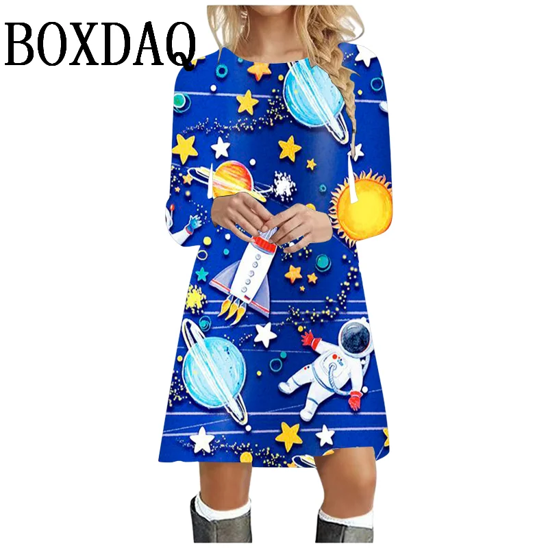 Autumn Clothes Cartoon Space Planets Print Women Dress 2024 New Fall Clothing Casual Long Sleeve O-Neck Loose A-Line Dress Femme