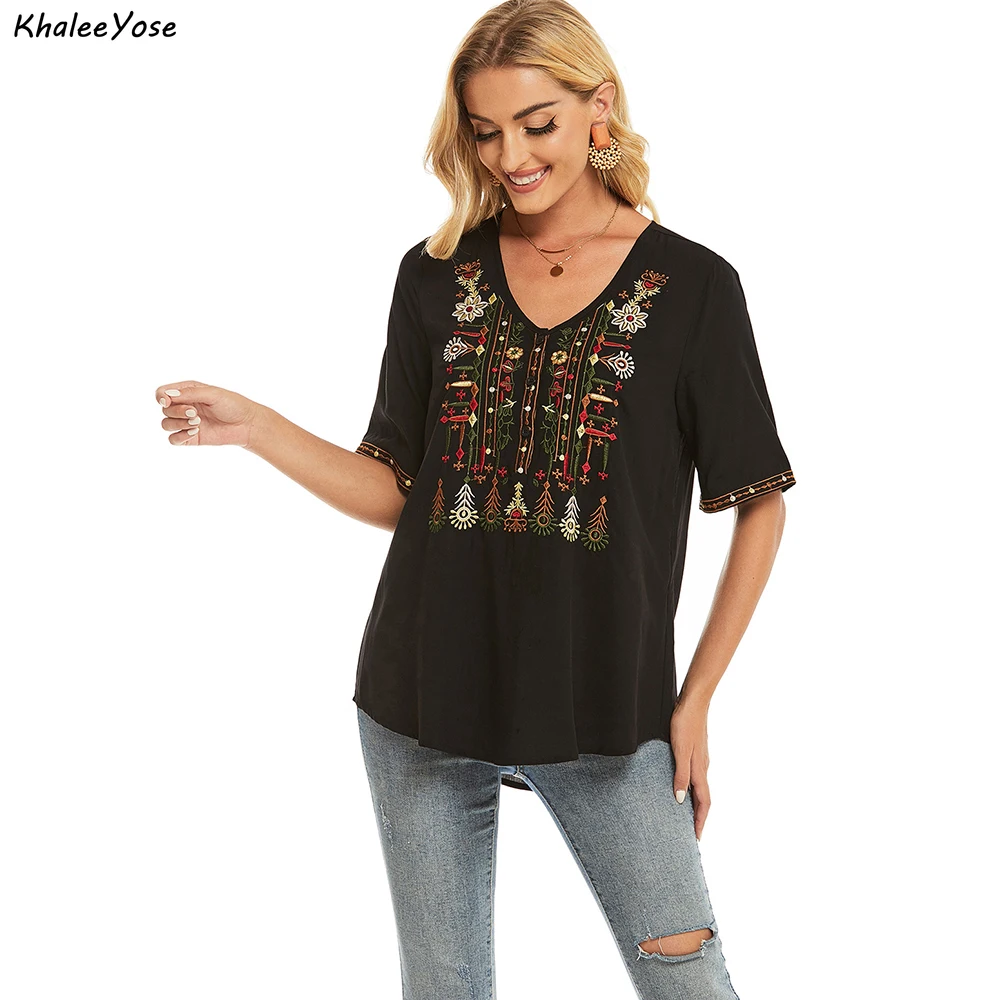 KHALEE YOSE Floral Embroidery Blouse Shirt Black Vintage Summer Mexican Women Shirt Oversized 2xl Ethnic Boho Ladies Shirt Tops