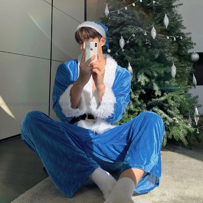 

New Year Party Blue Christmas Xmas Mens Costume Clothing Sexy Santa Claus Adult Blue Santa Suit Hat Men Cosplay Costumes