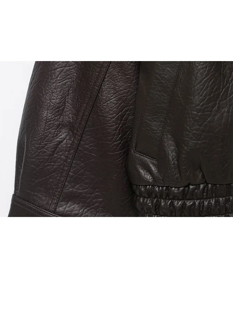 

HH Woman Fashion Winter Faux Fur Effect Lapel Long Sleeves Double Breasted Pocket Decoration Jackets Female Loose Casual Coat