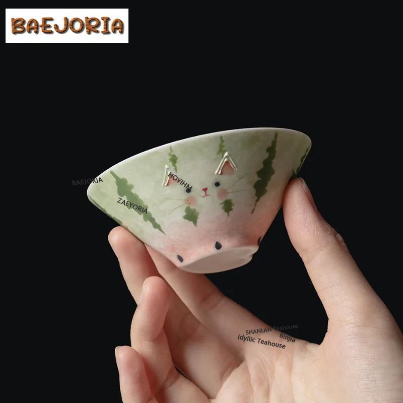BAEJORIA 60ml Creative Cat And Watermelon Heart Teacup Luxury Tea Bowl Jug Tea-tasting Smelling Cup Jianzhan Master Cups For Tea