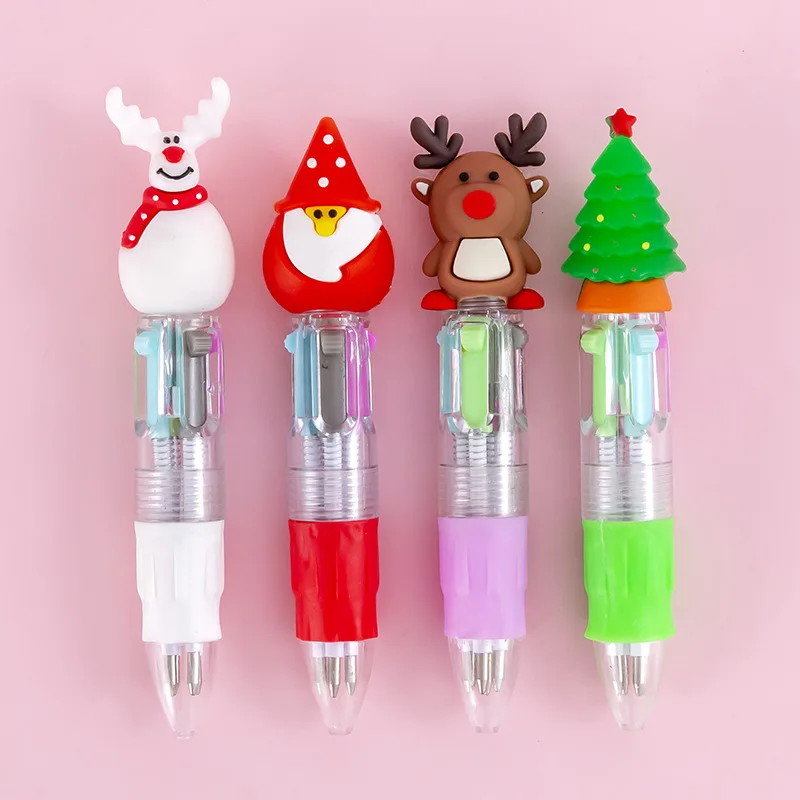 Mini stylo à bille de Noël Kawaii, stylos multicolores de dessin animé mignon, 4 documents, écriture scolaire pour enfants, fournitures de