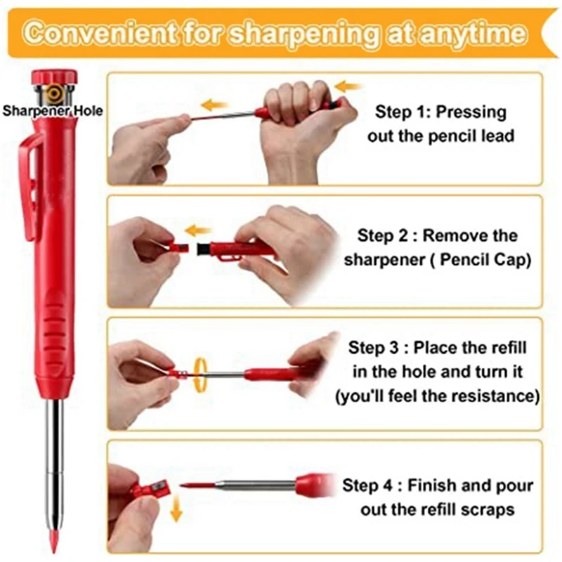 4 Pack Woodworking Pencil Set With Refill 2.8Mm Built-In Sharpener Woodworking Tools Deep Hole Construction Pencil