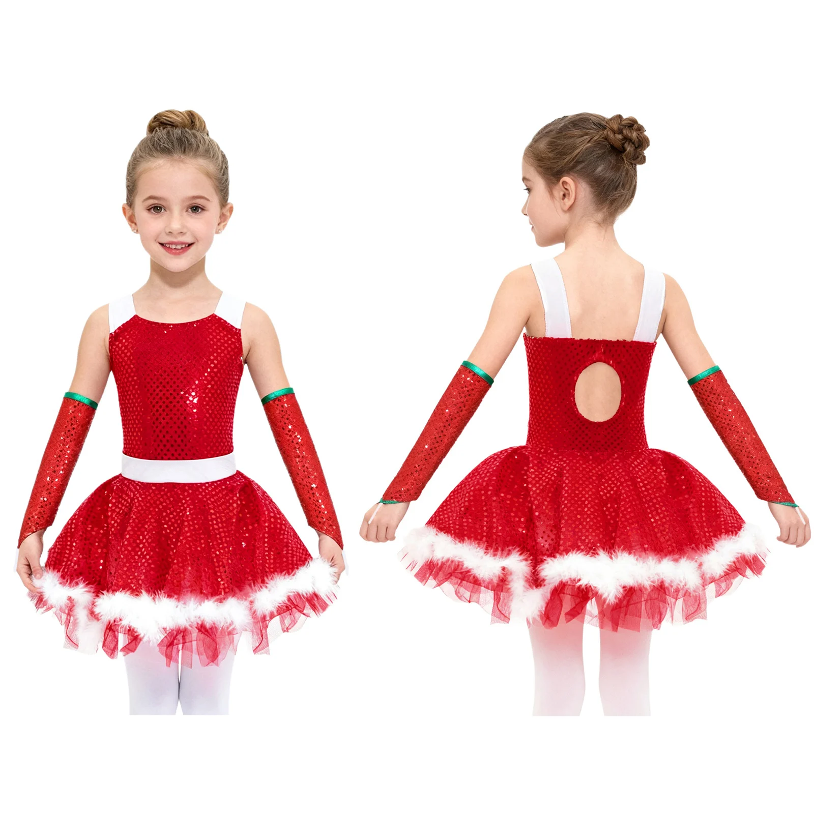 Kids Girls Christmas New Year Party Dress Ballet Dance Skating Gymnastics Santa Costume Latin Shiny Sequin Mesh Leotard Tutu