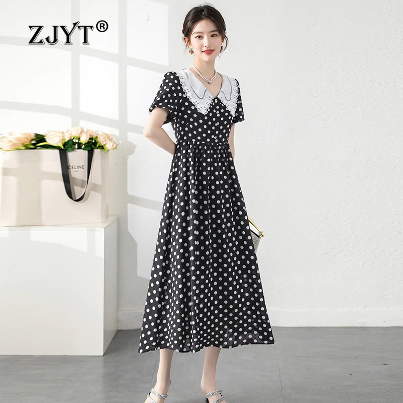 

ZJYT Women's Fashion Summer Dresses 2024 Elegant Short Sleeve Polka Dot Print Dress White Black Vestidos Midi Female Clothing