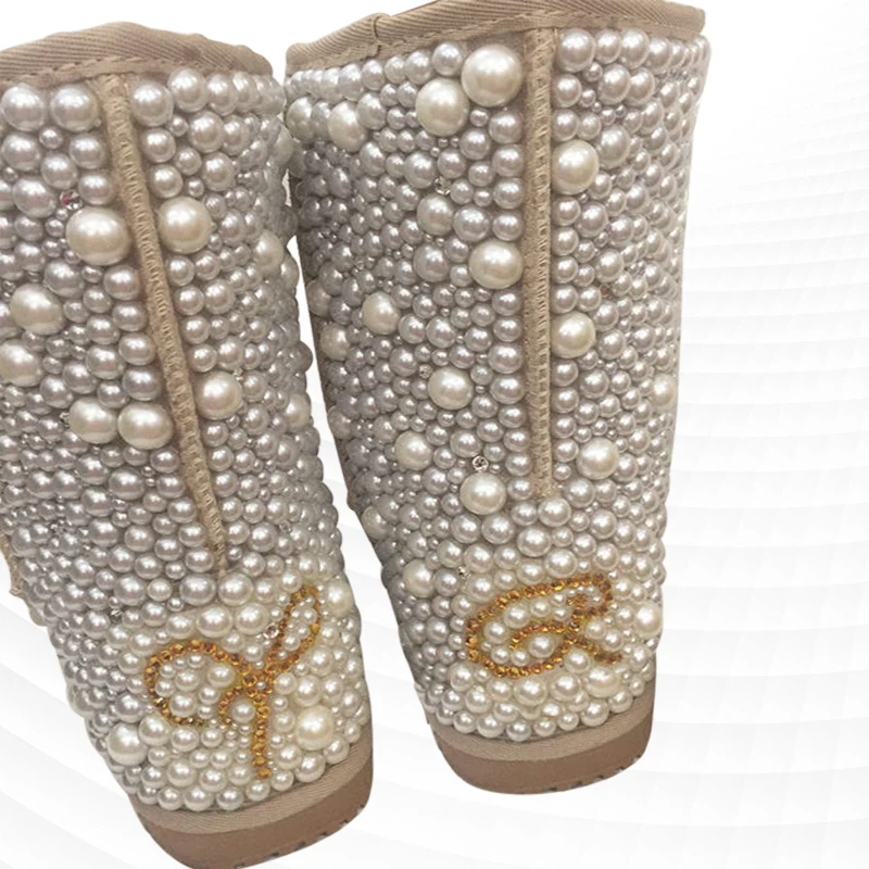 Large size heavy industry drill pearl party wedding fur one snow boots hand custom casual women\'s cotton shoes 35-44