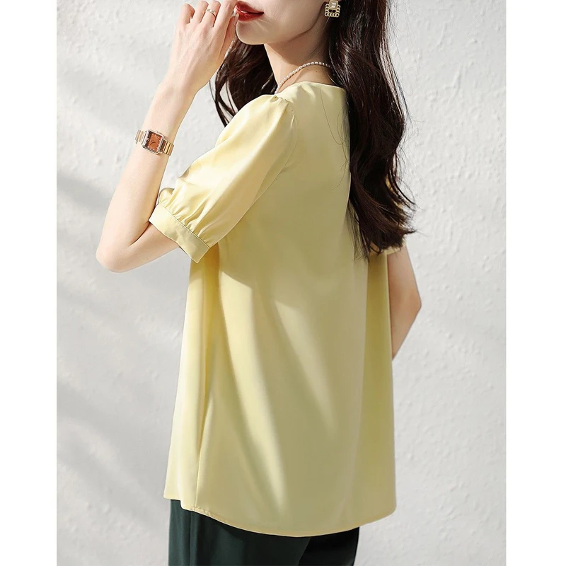 Women Summer Korean Fashion V Neck Hollow Elegant Blouse Yellow Sweet Short Sleeve Shirt Simple High Quality Chiffon Tops Blusas