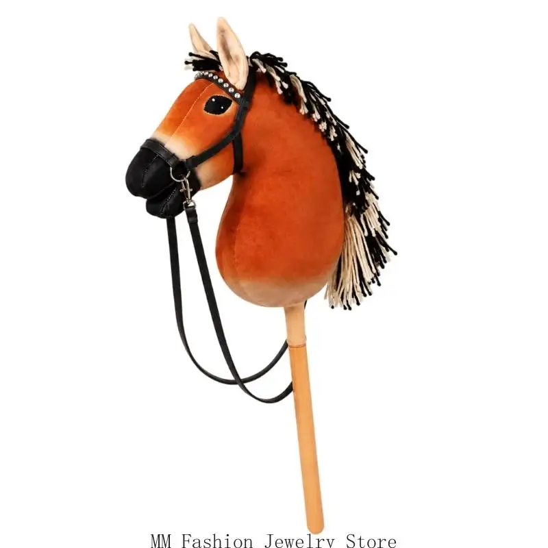 Themed Photo Prop Horse Toy Plush Brown Hobby Horse Character with Wooden Handle for Pretend Play, Use and Stage Appearances