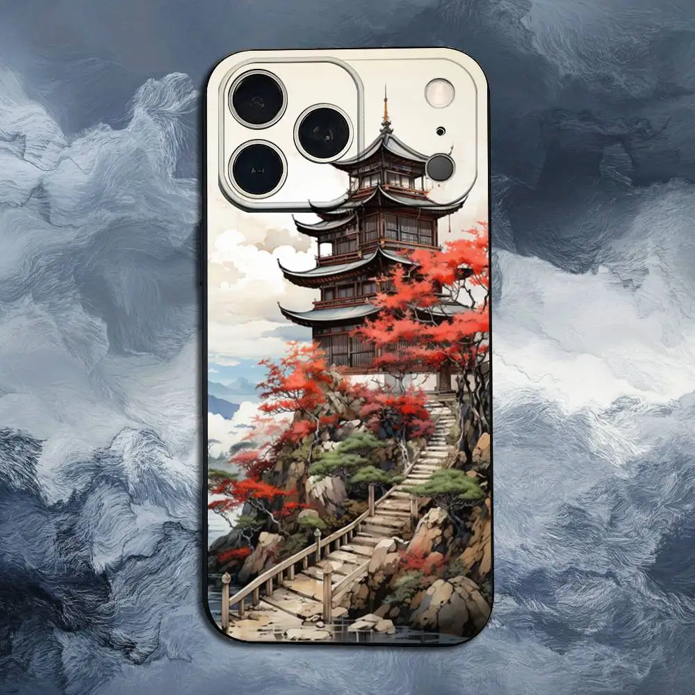 Sakura templo arte japonesa para iphone 13,16,11,14,17,15,plus,pro max,xs,x,xr,se,mini,8,7, capa de telefone silicone macio preto