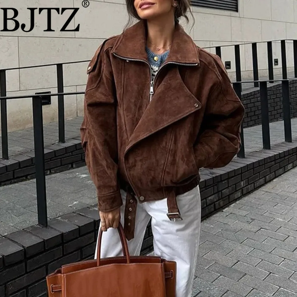 BJTZ المرأة موضة عادية شخصية الشارع دراجة نارية سترة معطف قصير 2025 ربيع الخريف جديد بلون أبلى #1