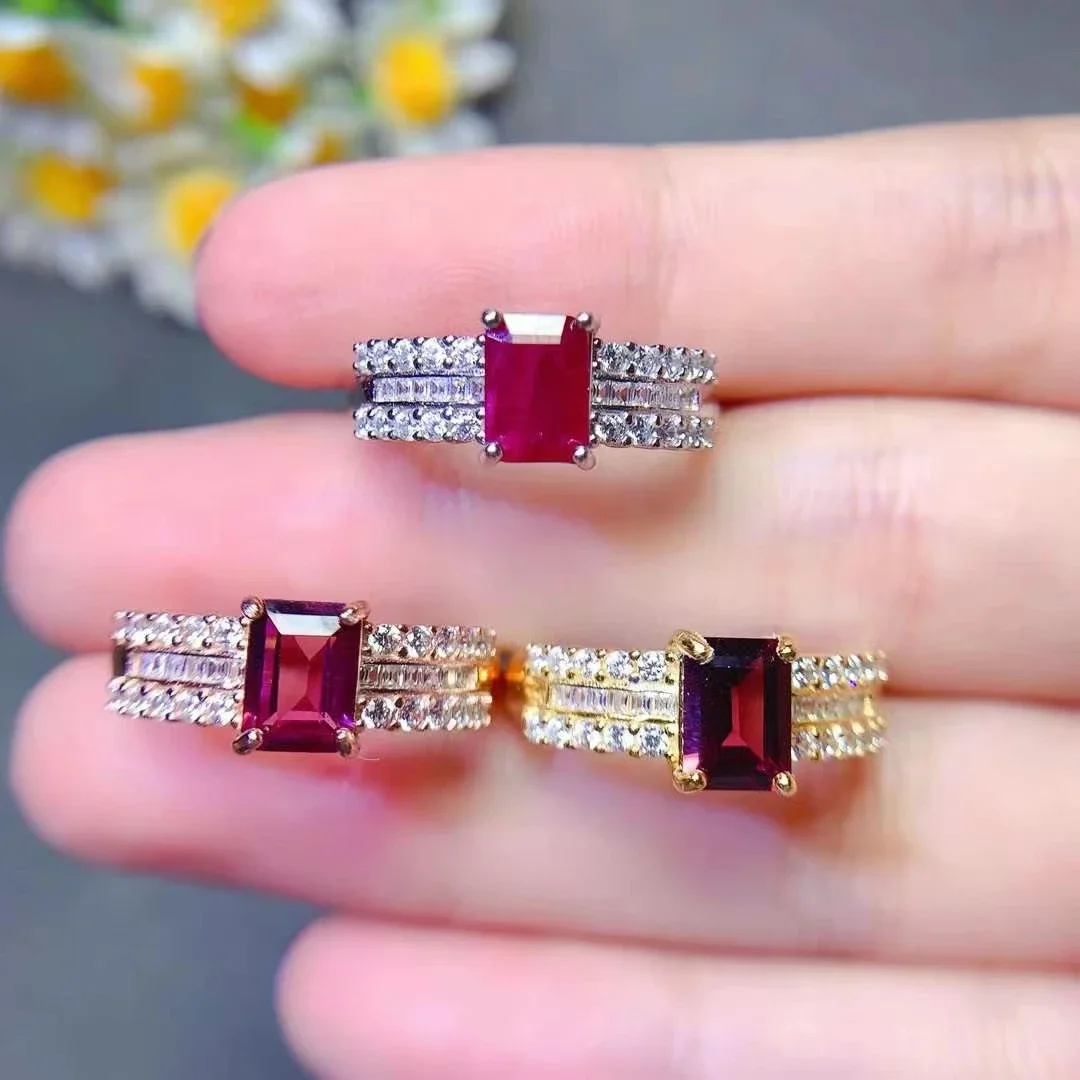 Dazzling 925 Silver Gemstone Band Ring for Women 5mm*7mm 0.8ct Natural Ruby Ring 18K Gold Plated Garnet Silver Jewelry