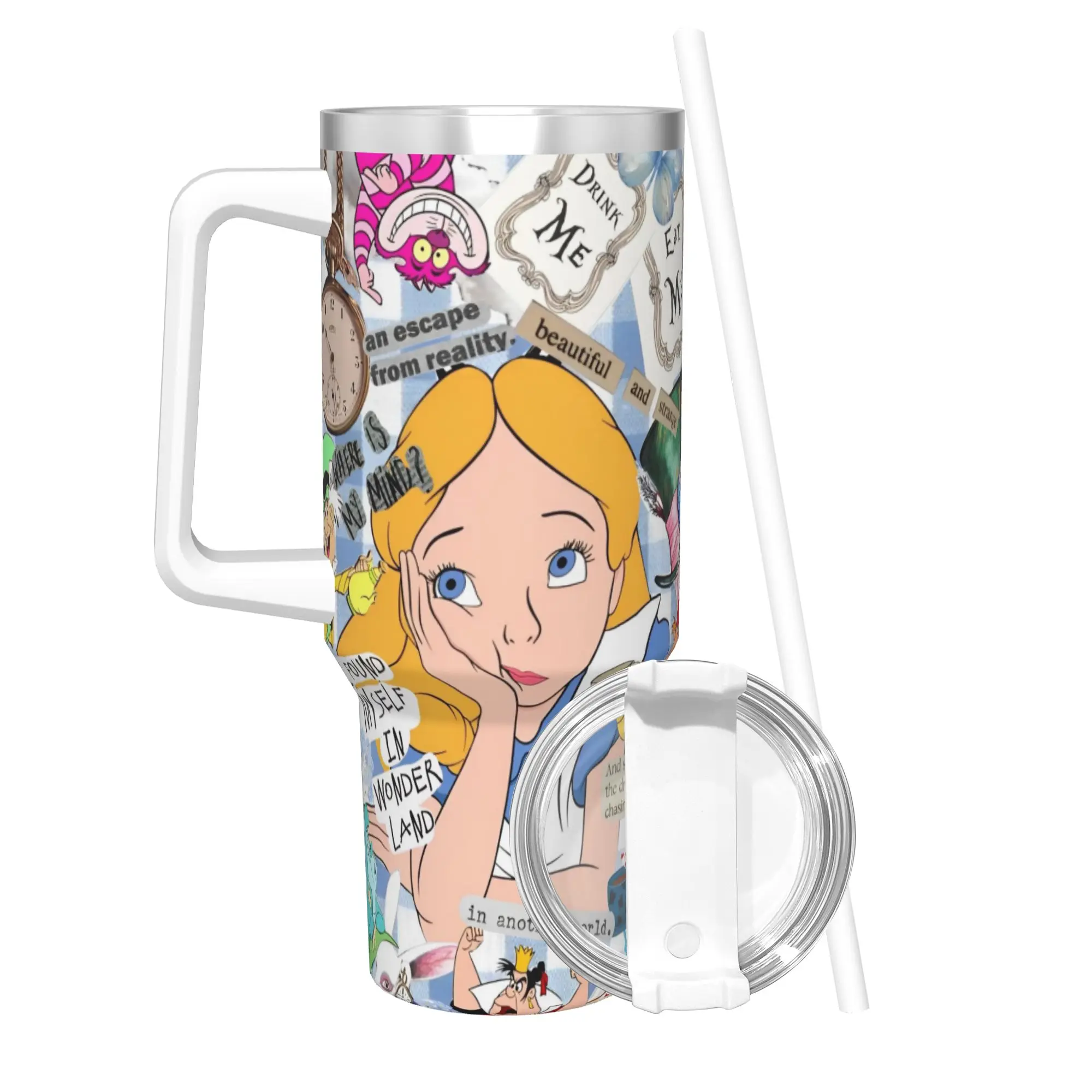 

Изолированный стакан Disney Alice in Wonderland с соломинкой и крышкой, термокружка из нержавеющей стали, офисные, домашние, автомобильные, чашки для бутылок, 40 унций