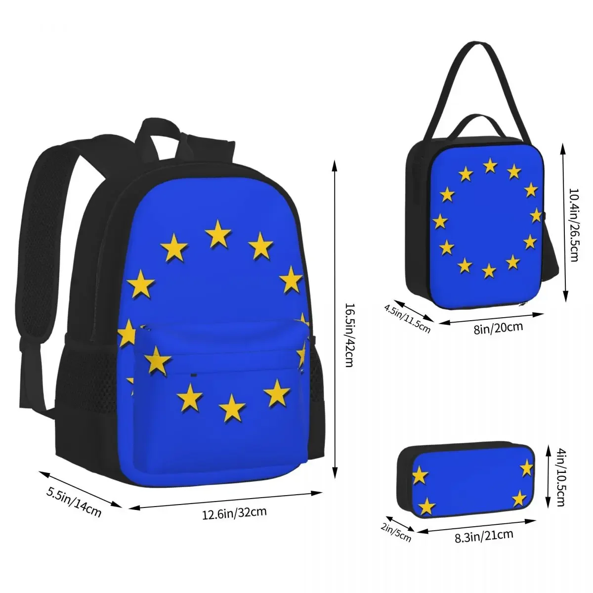 Europe - I Love The European Union EU Flag Backpacks Bookbag Students School Bags Rucksack Lunch Bag Pen Bag Three-Piece Set